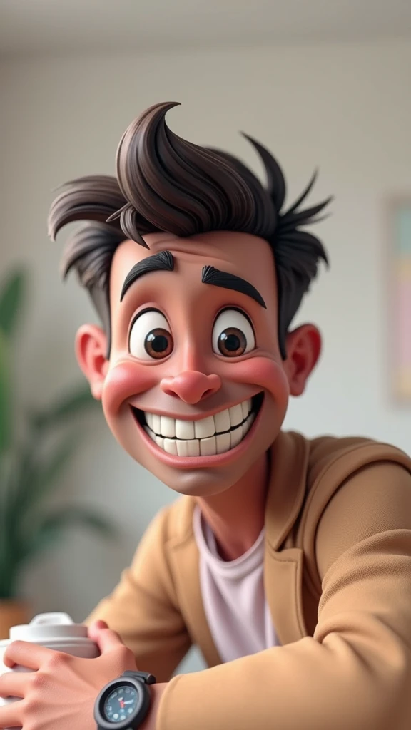 Illustration of smiling man, insane smile, brown skin man with a giant grin, smiling happily at the camera, cheeky smile, He is smiling, very huge smile, smiling male, headshot profile picture, laughing huge smile, drawing in 3D Art style, C4D, pure white color background, Disney  style, pixar style render illustration Super Detail, 8k