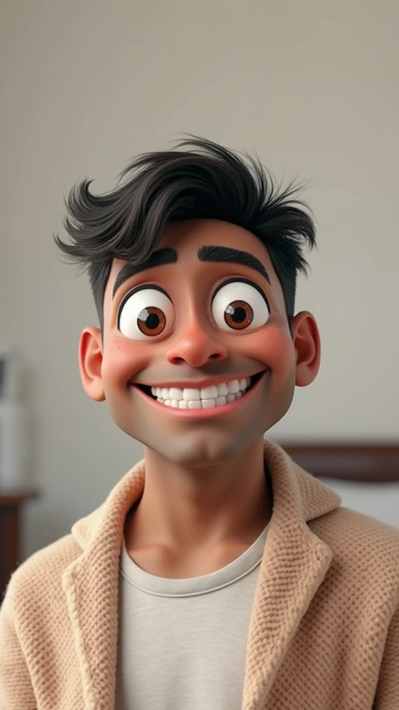 Illustration of smiling man, insane smile, brown skin man with a giant grin, smiling happily at the camera, cheeky smile, He is smiling, very huge smile, smiling male, headshot profile picture, laughing huge smile, drawing in 3D Art style, C4D, pure white color background, Disney  style, pixar style render illustration Super Detail, 8k