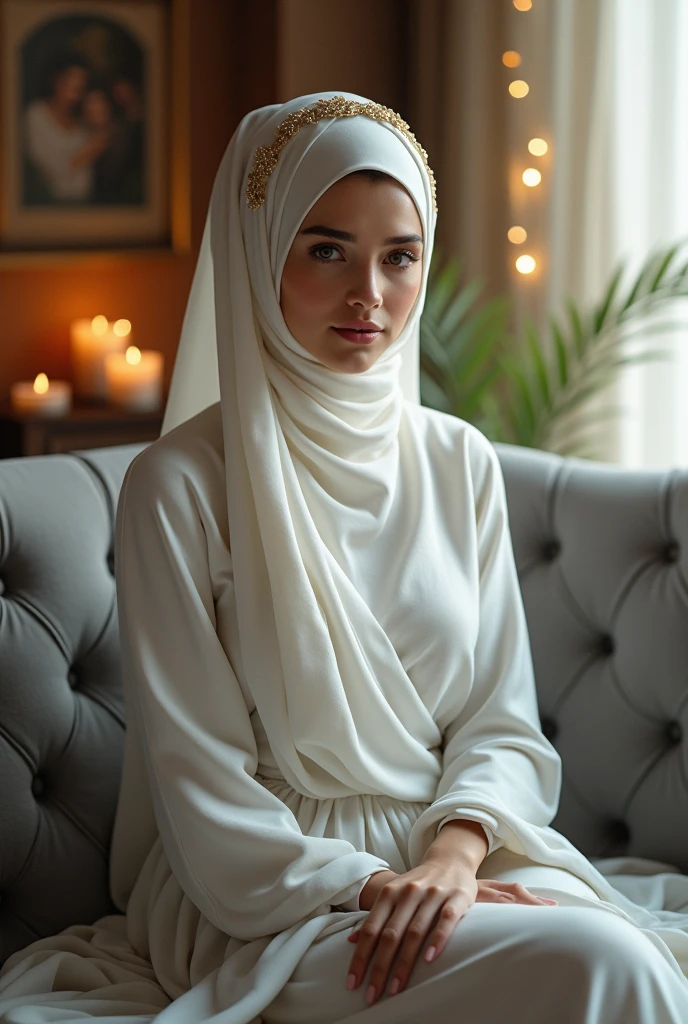photorealism, beautiful woman, sitting grey sofa, wearing white brides dress with long hijab, indoors, soft lighting, glowers in background, window with sunlight, cozy room, relaxed pose, realistic, intricate details, warm colors. 