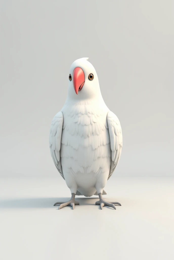 3D animation, white bird with red beak, standing still, of the Ring Neck species Psitaculla krameri, on a neutral background