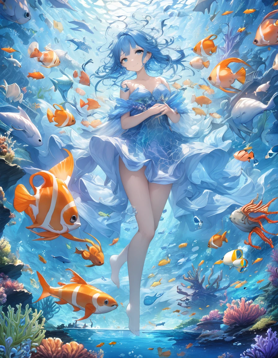 Highest quality、masterpiece、Very detailed、Finely detailed、High resolution、8k wallpaper、Fine and beautiful eyes、 girl with blue hair、A myriad of marine life in the background、Mysterious underwater、A gentle smile、whole body、Feeling like you're floating gracefully through the water、Dragon Palace、Fantasy、Countless firefly-like lights are flying、Has a feather robe