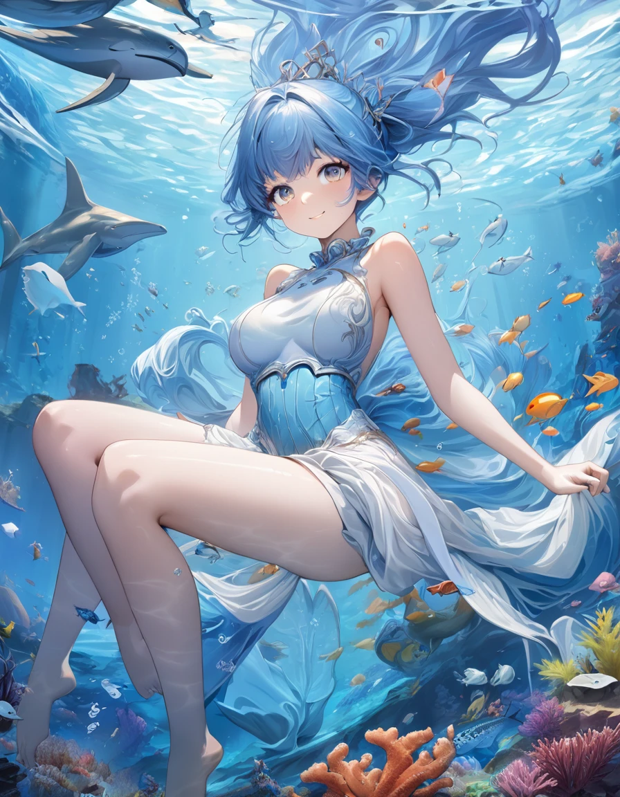 Highest quality、masterpiece、Very detailed、Finely detailed、High resolution、8k wallpaper、Fine and beautiful eyes、 girl with blue hair、A myriad of marine life in the background、Mysterious underwater、A gentle smile、whole body、Feeling like you're floating gracefully through the water、Dragon Palace、Fantasy、Countless firefly-like lights are flying、Has a feather robe