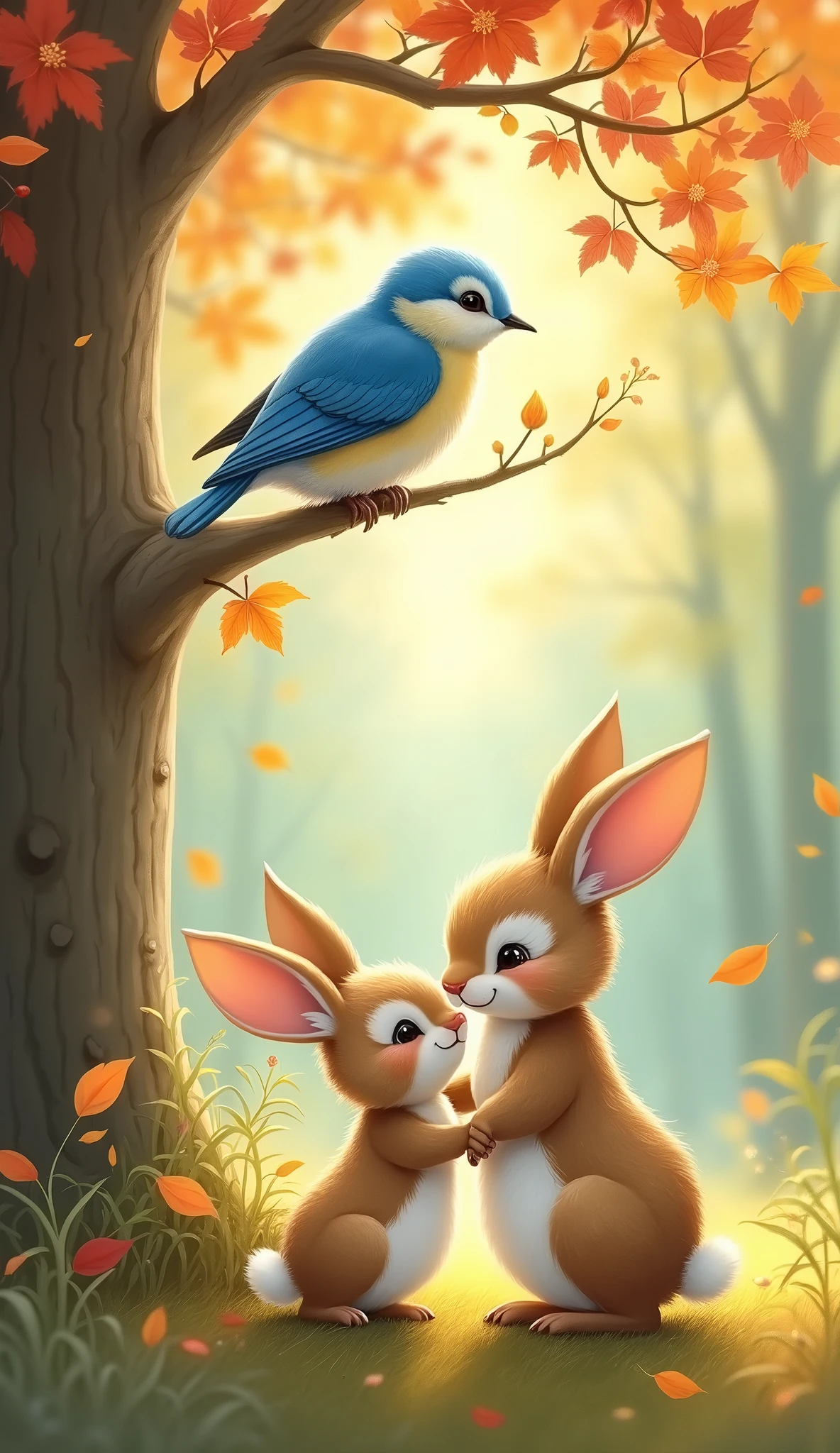 Rabbit parent and child　Blue bird on a tree 　pastel colour　in the forest　Like a picture book world　Gentle Image　autumn