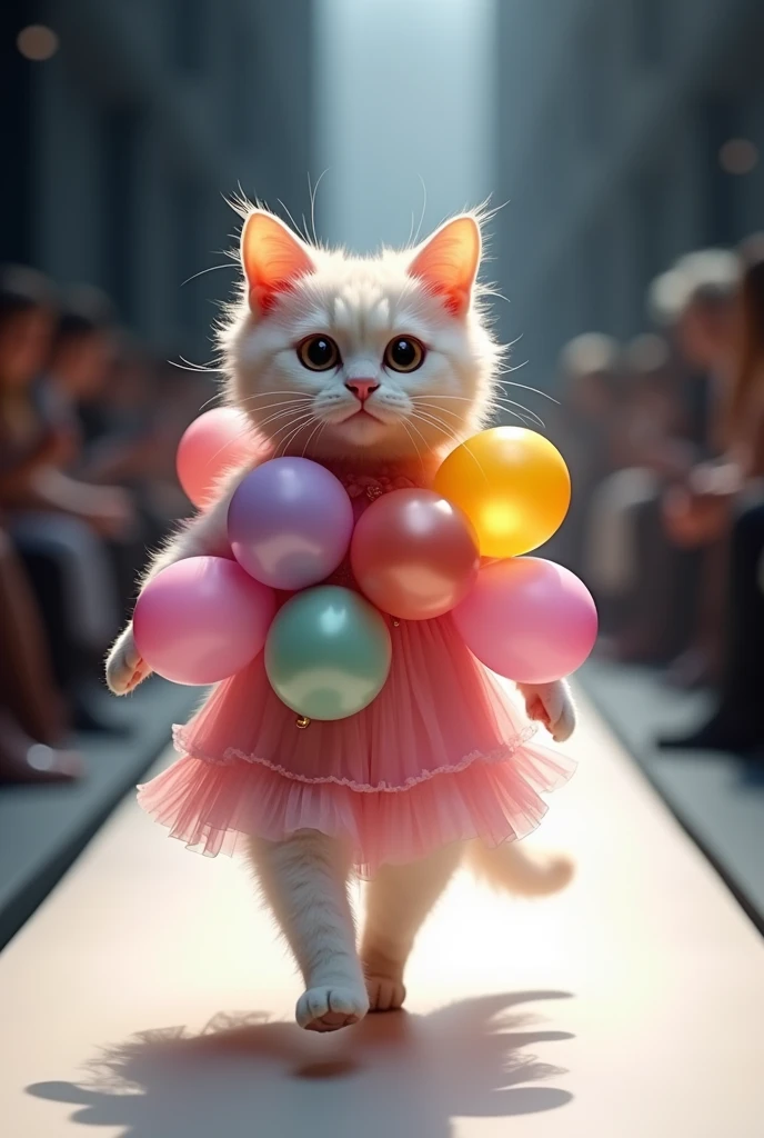 (photorealism:1.2), cute cat wearing balloons dress walking on the runway