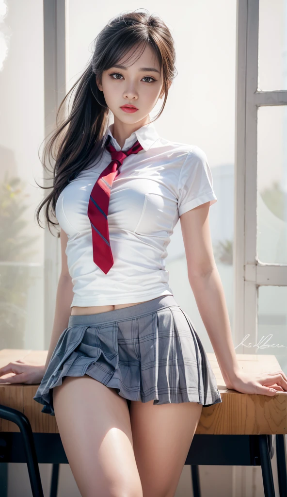 Photorealistic, high resolution, 1womanl, Solo, Hips up,view the viewer, (Detailed face), black hair,black eyes ,uniform black skirt ,detailed face super 4k