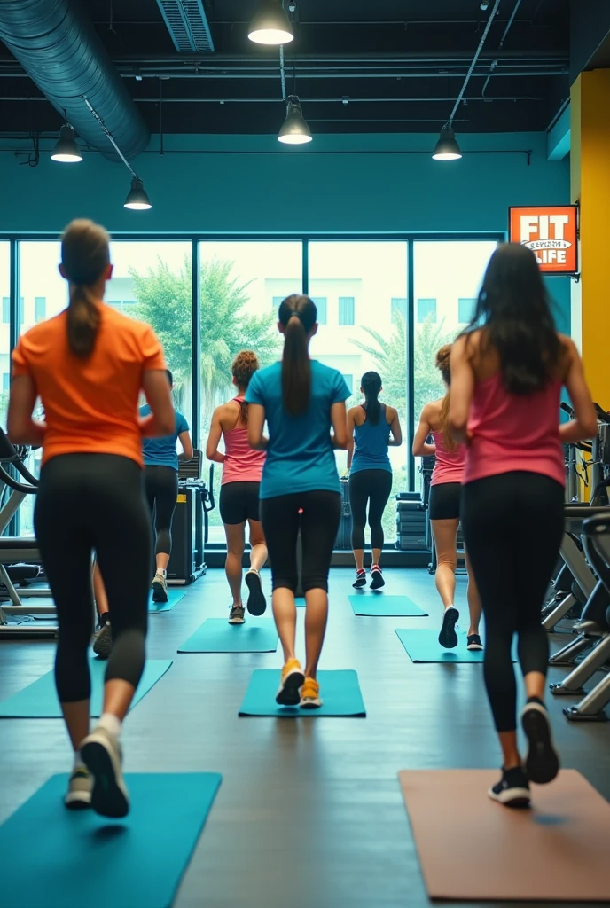 generate a campaign photo showcasing the gym with caption "Start now—be fit for life!" for FIT FOR LIFE the color is blue, yellow, green and orange  it should be showing the gym