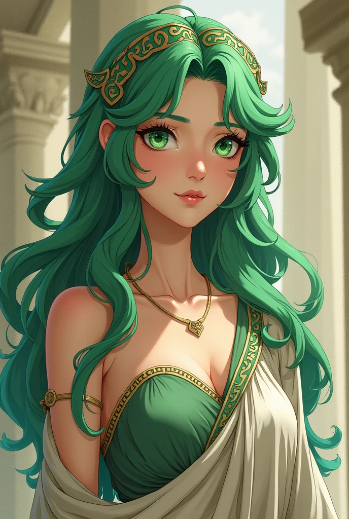 beautiful adult woman with green hair and green eyes, with ancient Greek clothing in anime style
