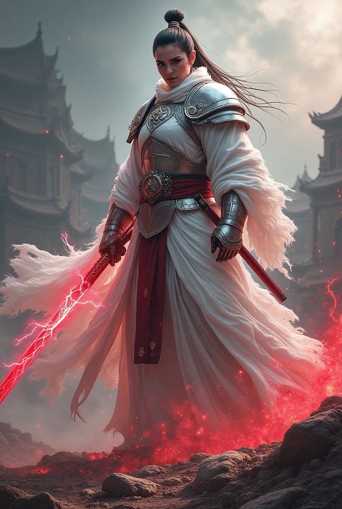 A swordsman with a red katana with lightning bolts and white iron armor