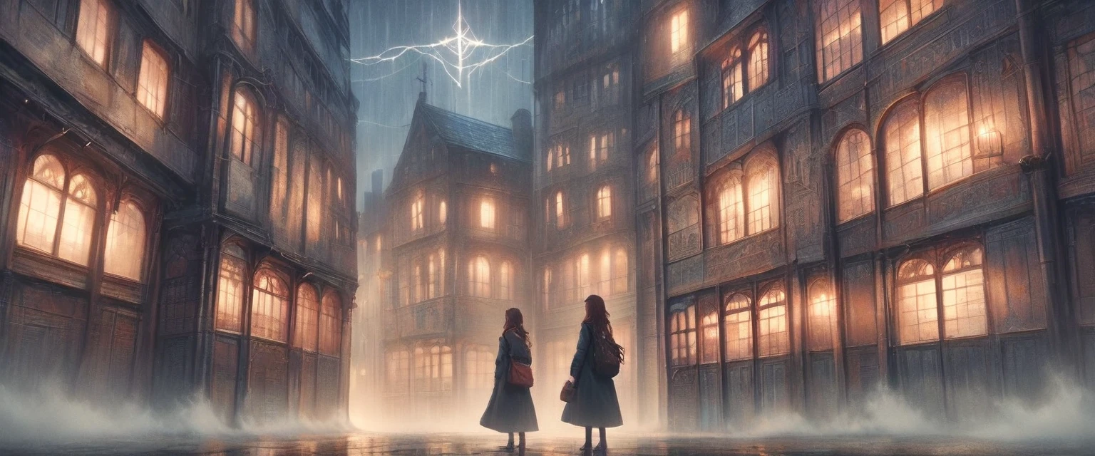 symmetrical image, old europe street, midnight, small hostel building, two floors, text says " HOSTEL BAIRON", hostel sandwitched beetween two high buildings, old london style, light rain, lightning, megapolis blurred lights on background, tourist bus driving away, girl standing close on right silloutte