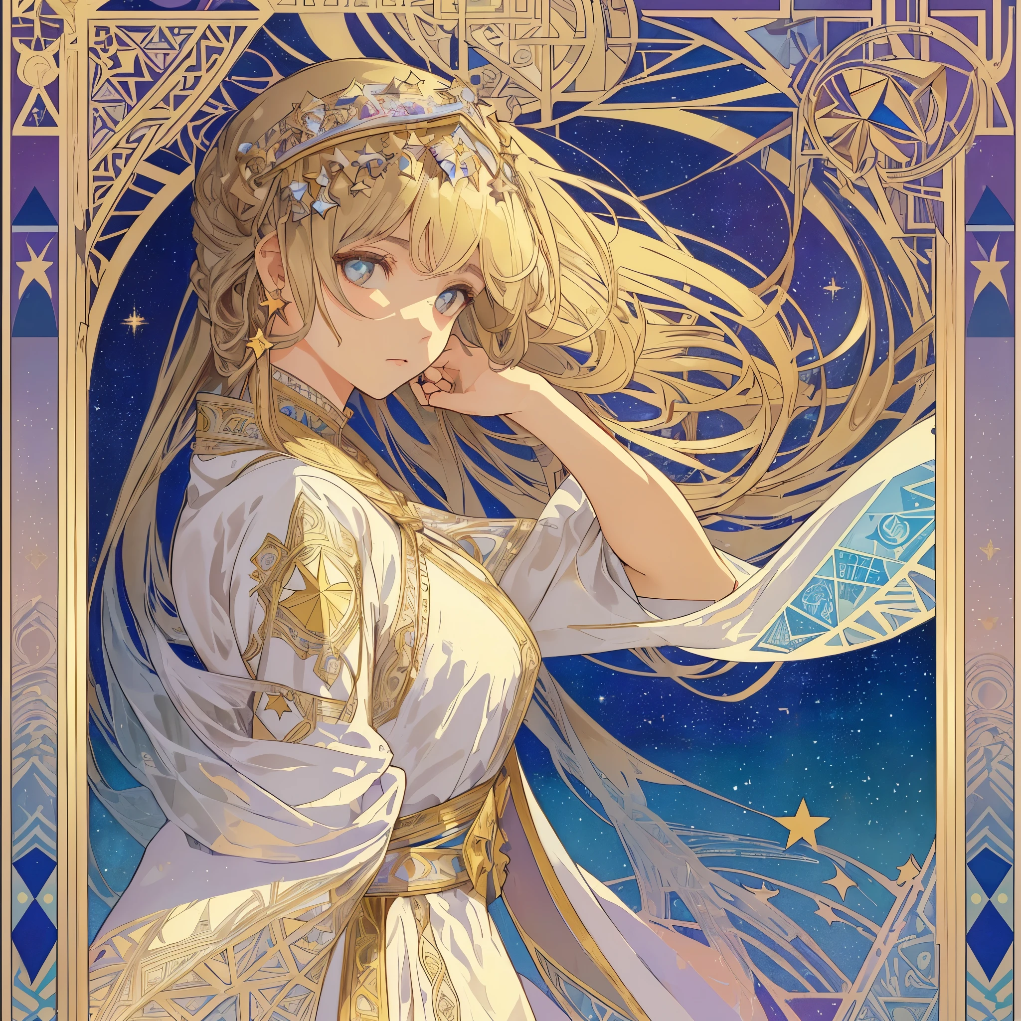 1 girl, (masterpiece, highest quality, highest quality, beautiful and aesthetic: 1.2), (1 girl: 1.3), delicate clothing, square picture frame, ((face)), sharp pupils, cool face, Alphonse Mucha's, Traditional Arab dress, color hairstyle, Ultra-detailed, Soft Light, Gentle colors, solo, dynamic, (((geometric star patterns in the background)))