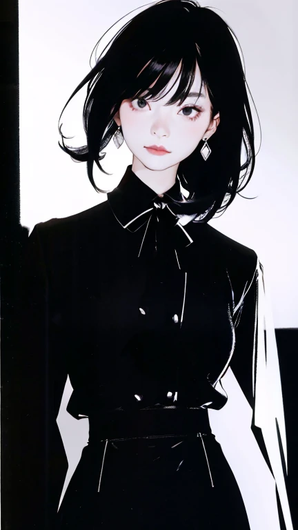 Black Hair、Cold look:1.5、Japanese woman in her 30s、Dark Background、One Cool Lady:1.5、night、whole photo、Dark Eyes、Black gloves、Ominous Machine Lifeform、Nihil、Half of his body is made of machinery、Mechanical Man:1.5、White shirt、black tie、Black earrings、Black Skirt