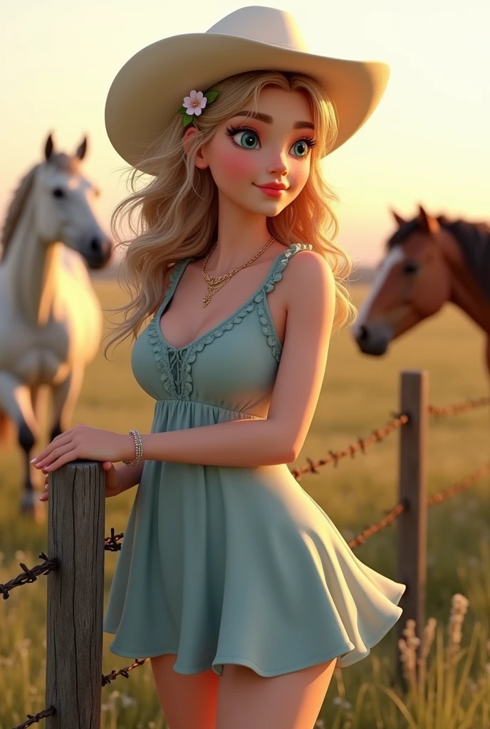 Waist length Hair, High Resolution, dark blonde Hair with highlights, wavy hair, Curvy, Smile, doe eyes, horses in field background, Multiple Views, Hair Flower, light blue short dress, Looking at viewer, Smiling, light blue eyes, innocent look, Jewelry, Realism, round shaped face, big smile, sun rise, full body in frame, leaning on a wood barbed wire fence, smile, pale completion, soft features, not blushing, no tan skin, tossing her hair, smirking, full lips, white skin, holding a flower, shy, curious look, cow girl hat, white cowgirl boots, laughingSuper Detailed, HD, High Quality,