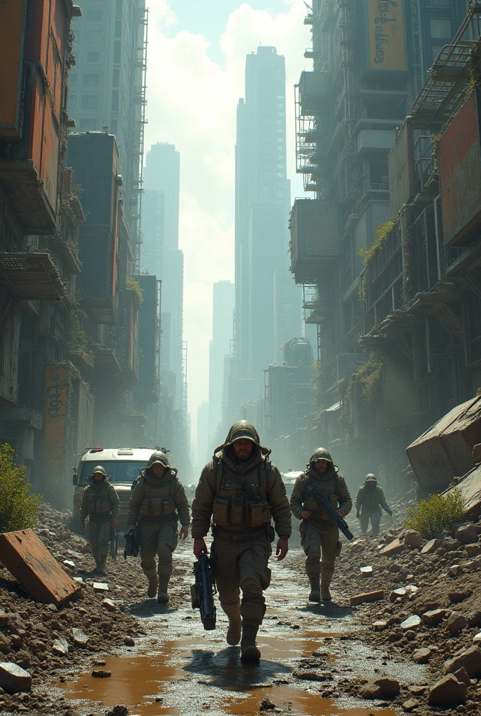 Humans scavenging ruins of a futuristic city