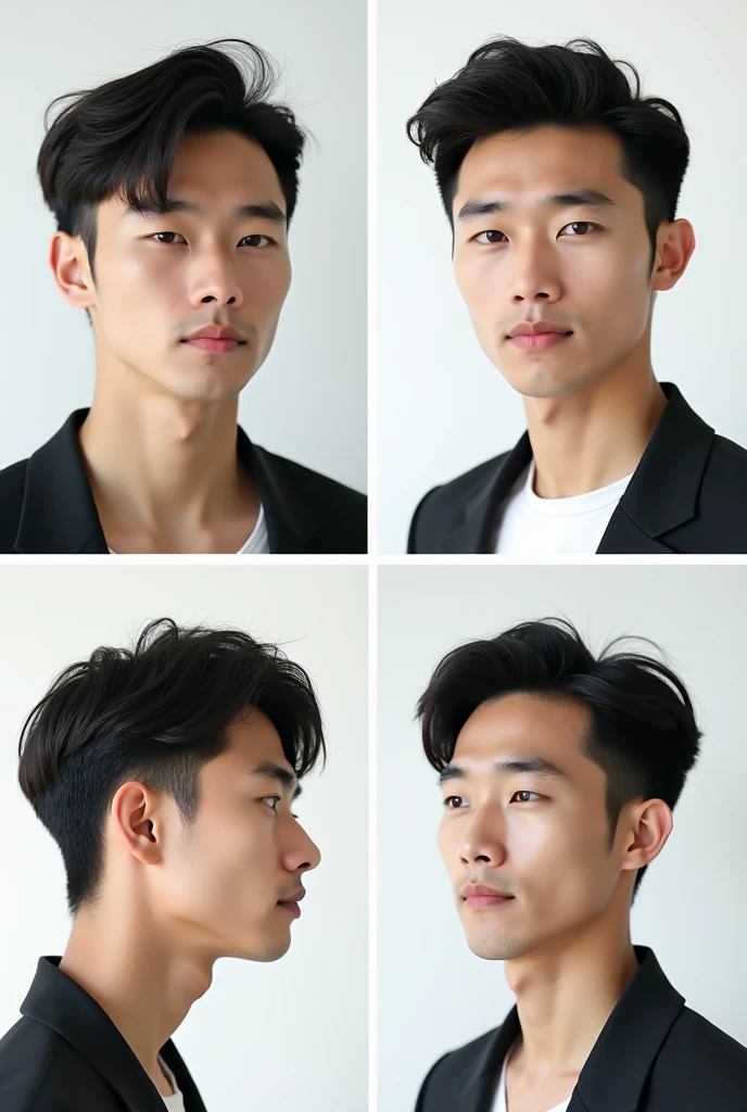 The image is a collage of four photos of a asian man with different hairstyles, same face