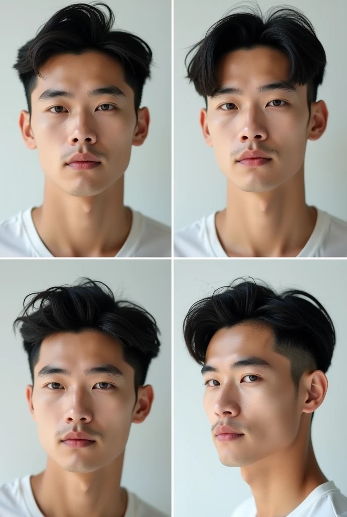 The image is a collage of four photos of a asian man with different hairstyles, same face