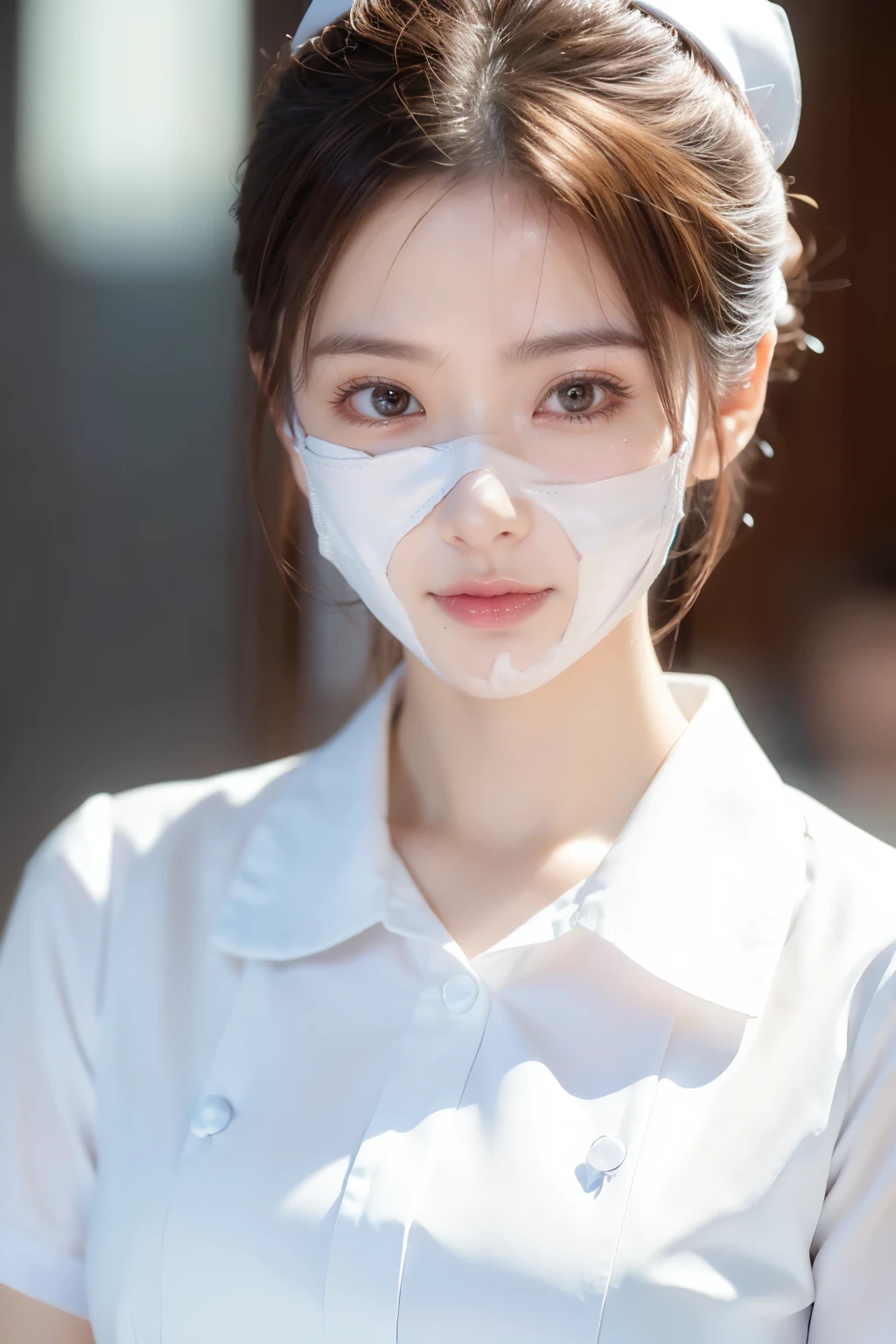 (Tabletop、highest quality、32K、Award-winning works、Ultra-high resolution)、(One beautiful nurse:1.1)、(The perfect white nurse uniform:1.1),hair bun,Shiny, beautiful hair,Accurate anatomy,(Strongly blurred white background:1.1),(very bright white lighting:1.1)、(Close-up of face:1.3),Perfect beautiful makeup,Spectacular Cinema Lighting、Tyndall effect,(standing elegantly:1.1),(Shining white skin:1.1)、Shiny beautiful skin、Radiant Skin,A beautiful face with skin that is completely free of blemishes.,