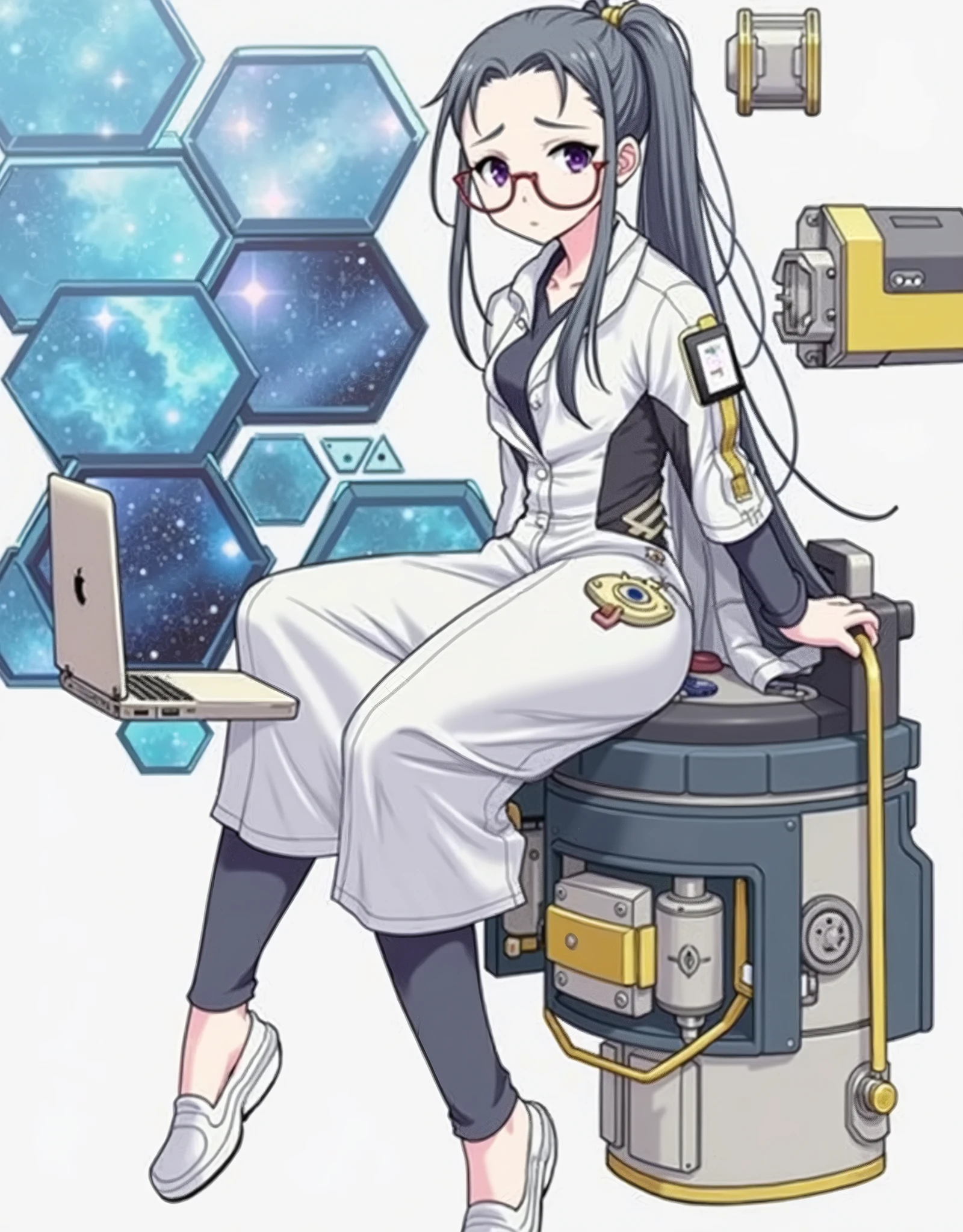 anime girl wearing glasses with ponytails sitting on machine with laptop and space in background, (ponytail forehead hair pulled back:1.3), (black hair:1.3), anime girl of the future, alchemist girl, labcoat, portrait anime space cadet girl,anime style, from girls frontline, fine details. girls frontline, girls frontline universe, girls frontline style, girls frontline, girls frontline cg, soft anime illustration, 2 0 2 2 anime style, 2022 anime style, pixiv contest winner, pretty anime character design, render of april
Estimate