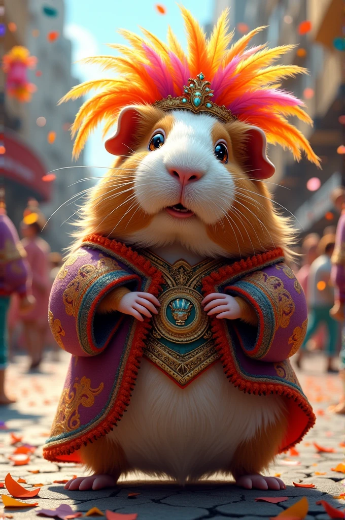 Act as a graphic designer and create an image of a guinea pig dressed as a ñapanga with a carnival background