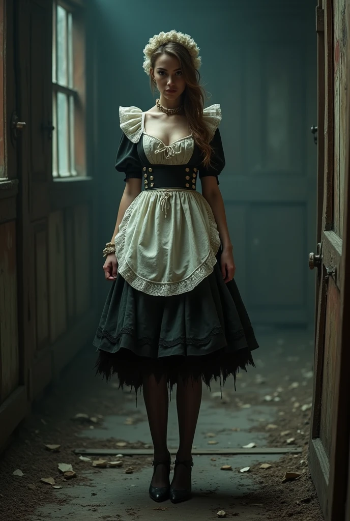 Karen Cliche Wearing a Coif headwear with a sexy Smock and a sexy Waistcoat. And a sexy Apron. With a sexy Petticoat (“skirt”) and pantyhose and Latchet heels. Standing in a horrifying creepy spooky dark abandoned cabin.