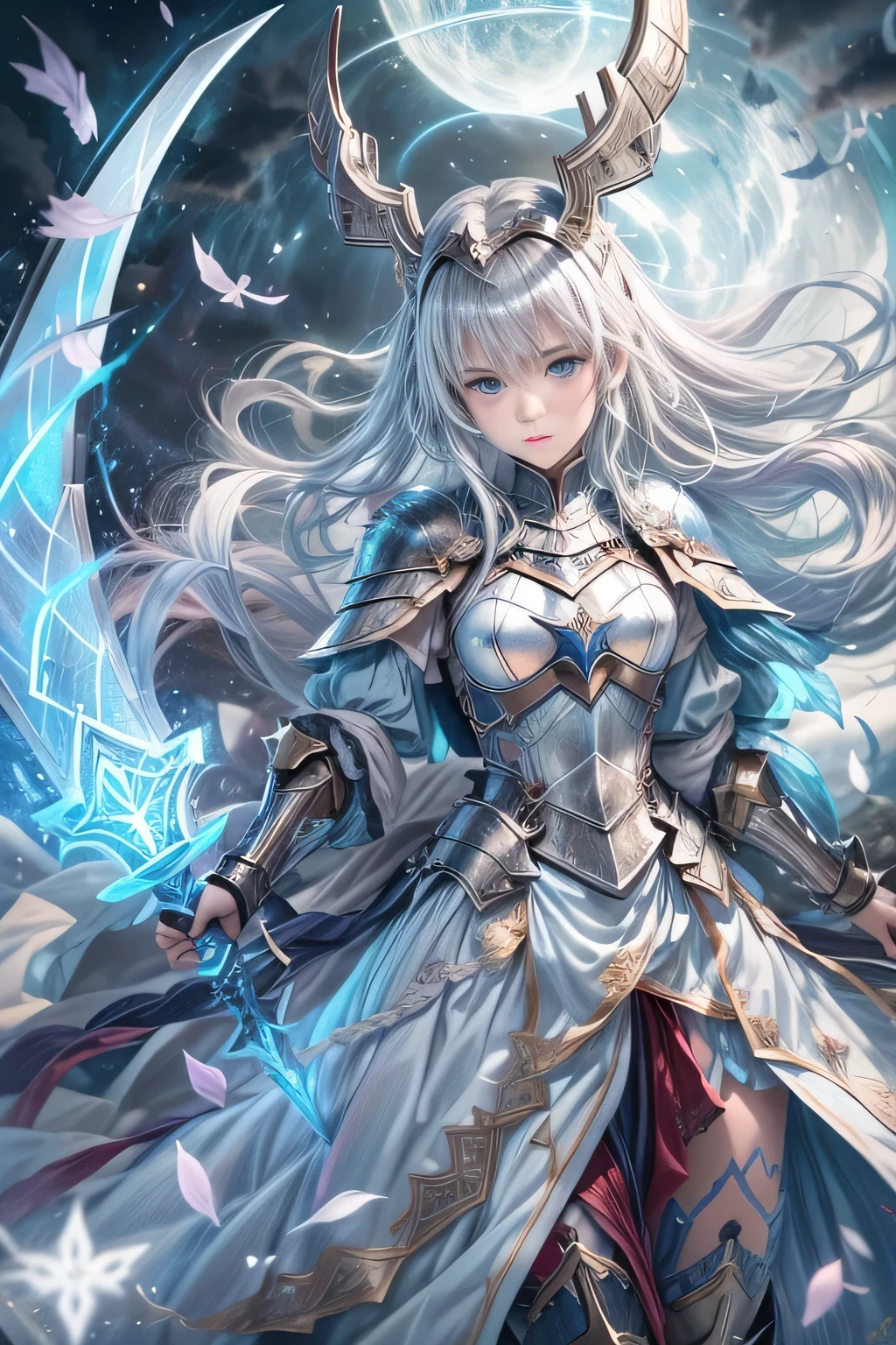 A female knight recognized by the legendary holy sword Excalibur、With the protection of the spirit of light, it emits an aura of light.、8k.Half Russian and half Japanese、Russian face、beautiful girl、princess、、Small face、Young face、Big eyes、Skinny、Small breasts、(((Silver Hair、Silver Hair)))、With bangs、(((High resolution big beautiful light blue glowing eyes, )))、Shortcuts、Bobcut、(((Red ribbon in hair、Floral decoration)))、Partially braided、Transforms into an armored knight at the call of the holy sword Excalibur.、Large sword、A holy sword that emits a pale blue light、((god々He holds up his sword, shining a deep blue, to the sky.))、god々A sword that shines brilliantly、Shield of Light、Armor of Light、fantasy landscape、Fantasy、(Battle with the Dark Knight、Fighting the Demons、Fighting the beastmen)A dragon knight riding a flying dragon through the sky