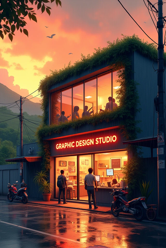 Big 
Graphic design studio in city street with studio name
 ,with grenaey hill background, orange evening sky rainy water on road anime in India
