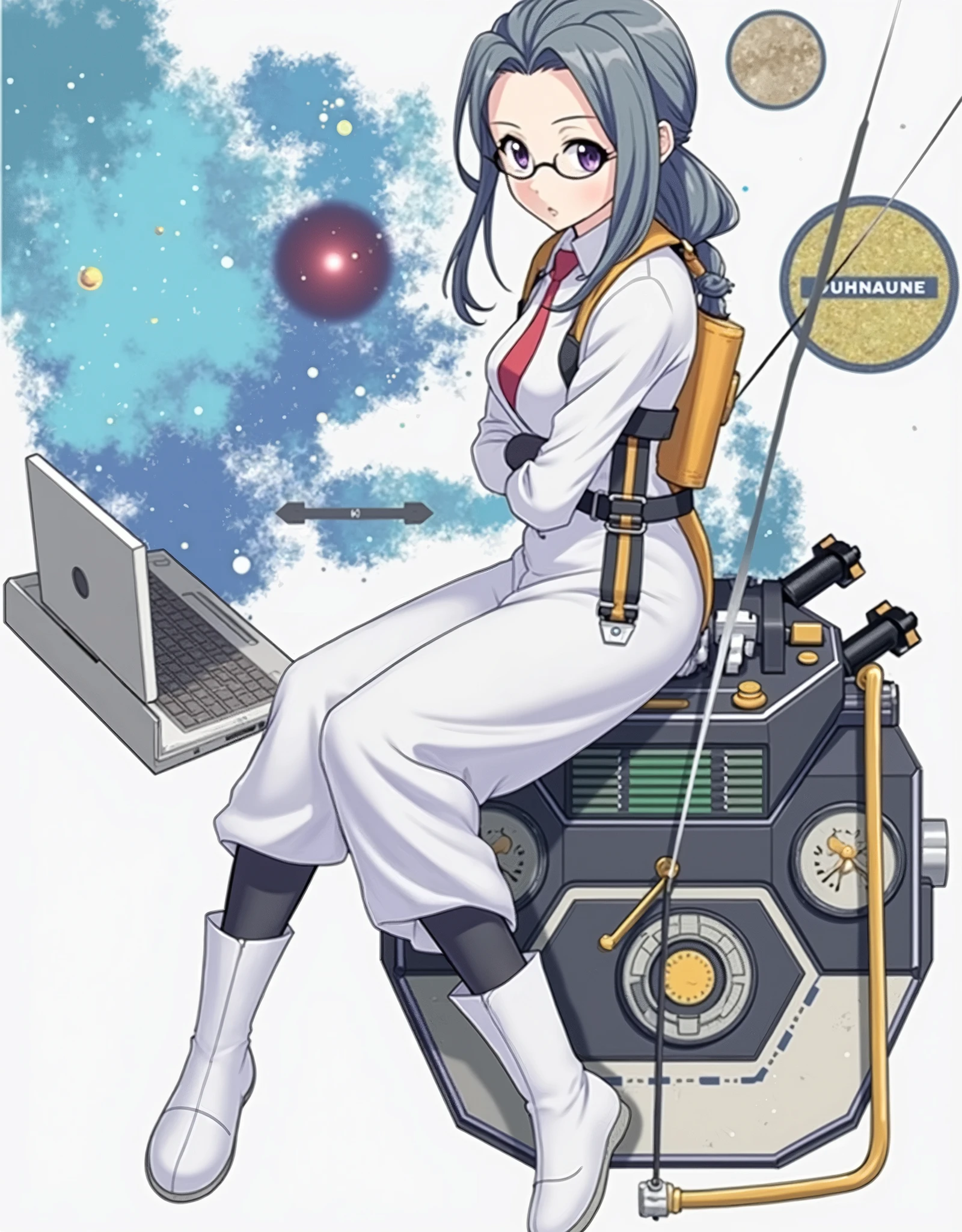 anime girl wearing glasses with ponytails sitting on machine with laptop and space in background, (ponytail forehead hair pulled back:1.3), (black hair:1.3), anime girl of the future, alchemist girl, labcoat, portrait anime space cadet girl,anime style, from girls frontline, fine details. girls frontline, girls frontline universe, girls frontline style, girls frontline, girls frontline cg, soft anime illustration, 2 0 2 2 anime style, 2022 anime style, pixiv contest winner, pretty anime character design, render of april
Estimate