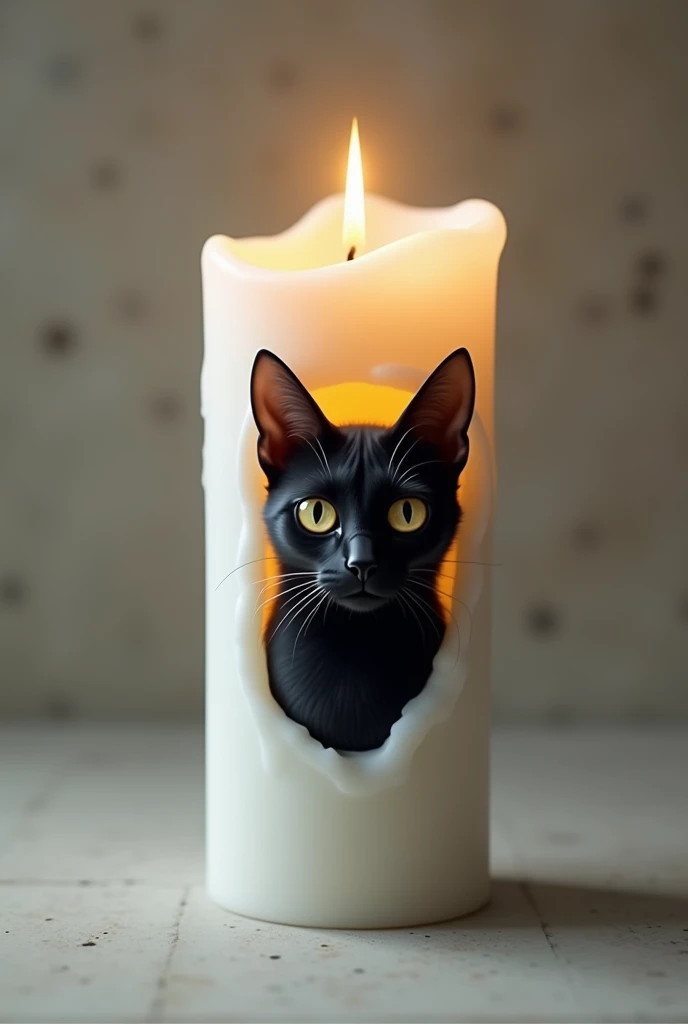 a white normal candle with a black cat inside, the cat is Bastet; Egyptian goddess. with little ears looking directly to the screen