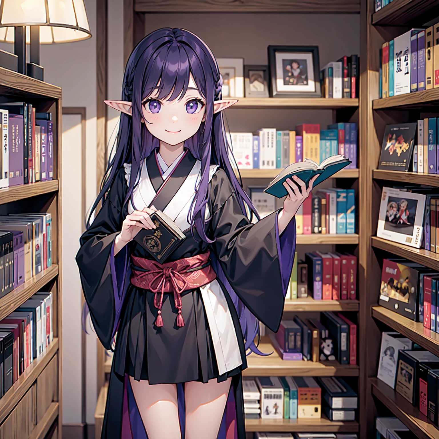 Library at night, dimly lit. Night. No windows. A girl grabs a book from the bookshelf. She fishes through the bookshelf. Which book shall I choose? A happy smile. Her eyes are on the book. Nostalgic. Purple hair. A girl with long purple hair. Pointy elf ears. Her clothes are simple: a black robe with wide sleeves and a black miniskirt. Knees showing. V-shaped white inserts on the front like a kimono. Black boots. Standing figure. Lots of bookshelves lined up. She is selecting a book in a row. Her eyes are on the bookshelves.