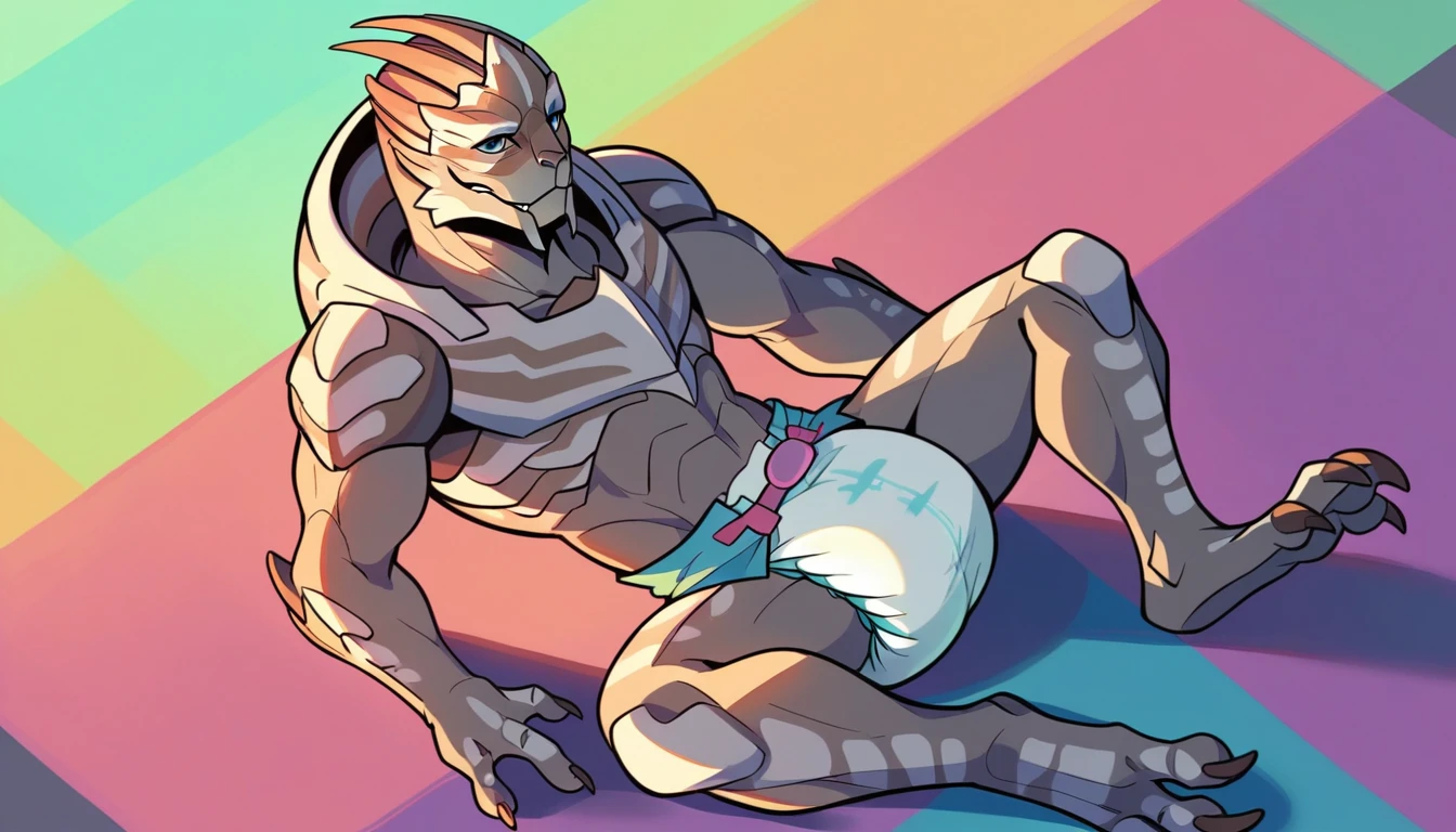 1 person、(((Male Turian in a dirty  diaper)))、garrus vakarian、mass effect、masterpiece、Highest quality、Dirty diaper、Pampers diapers、Grey body、smile、Looking up、Top view、pacifier、Sitting on a colorful floor、kindergarten