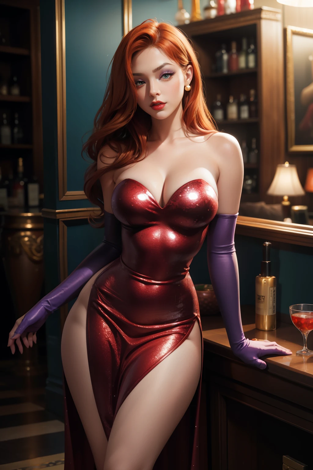 Cartoon_Jessica_rabbit_aiwaifu,aiwaifu,
hair over one eye,Red hair,narrow waist,very long hair, Long hair, tall woman, toned,make up,Lipstick,big breasts,shadow,green eyes,thighs,huge breasts,red Lips,Lips,curves,thick thighs,Wide hips,clavicle,long legs, one eye covered,
elbow gloves,purple gloves,dress,bare shoulders,neckline,red dress,Strapless,Strapless dress,side slit,jewelry,earrings,long dress,cocktail dress,shackles,thighs,
official art,Extremely detailed CG unity 8k wallpaper, perfect lighting,showy, bright_Forehead_face_Turning on,piel bright, (masterpiece:1.0),(better_quality:1.0), ultra high resolution,4k,ultra detailed, Photography, 8k, HdR, High resolution, (absurdities:1.2), Kodak photo 400, film grain, blurred background, (bokeh:1.2), Lens flare, (Vibrant_Color:1.2),Photography profesional, (beautiful_face:1.5), pezones erectos se le marcan en el dress