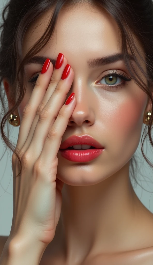 ((top quality)), ((masterpiece)), (detail), perfect woman's face, covering part of the face with beautiful fingers, red nails, perfect hands, very detailed.