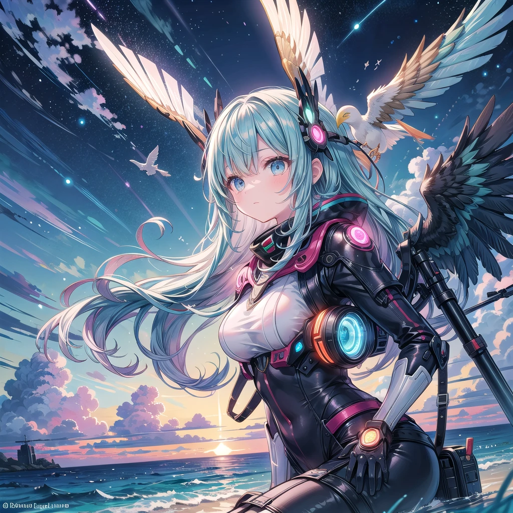 “A whimsical portrait of a girl perched on a giant mechanical bird, soaring towards the sunrise. Her hair flows behind her, forming clouds filled with bioluminescent marine life and tiny weather-soaked drones.” Theme: Combining Adventure and Environmental Control