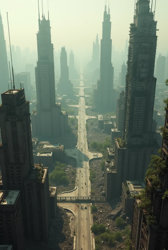 Ariel view of a barren rampaged futuristic city