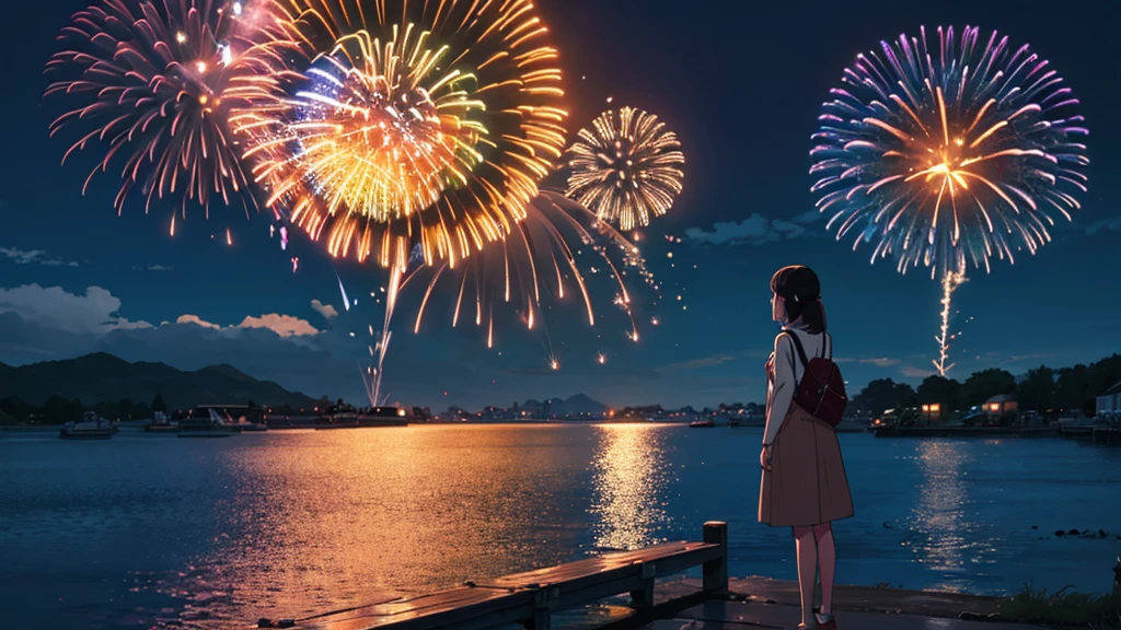 (masterpiece:1.4), (Highest quality:1.4), Very detailed, Complex, Super detailed, night、firework、Girl、4K、8k