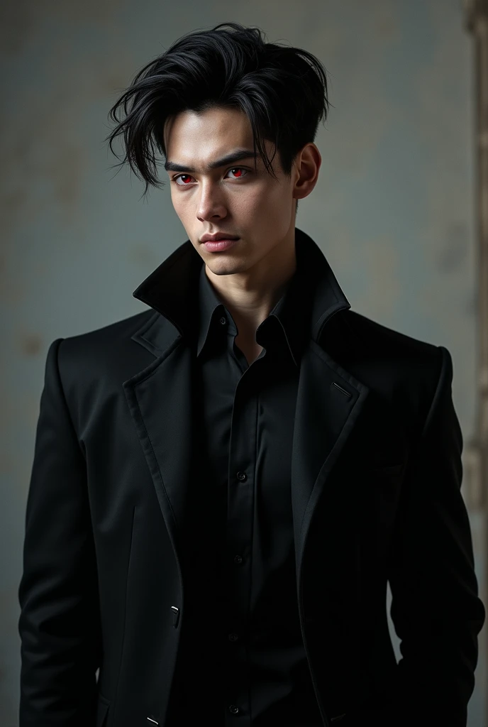 Raven Lucian, at 25, is a strikingly handsome man with piercing red eyes that burn with an inner fire. He sports impeccably tailored dark suits that accentuate his sharp, defined features. His neatly trimmed dark hair complements his constant, unsettling smirk. With a smooth, chilling voice, he exudes both youthful elegance and a menacing edge.