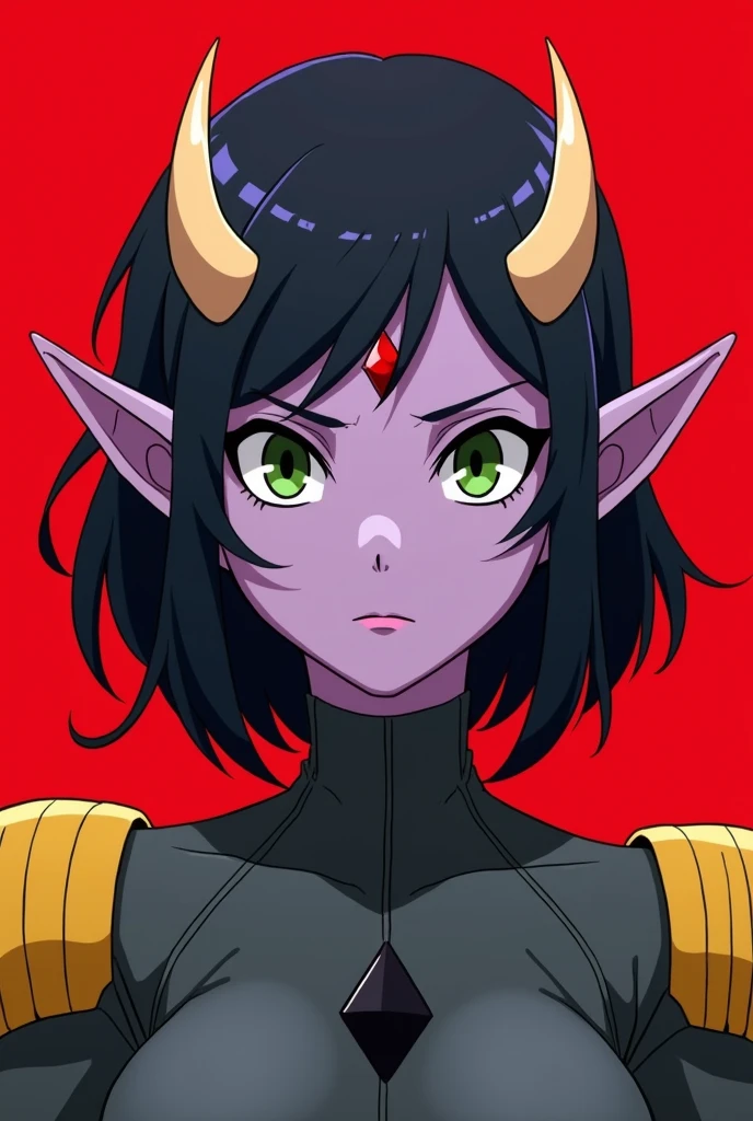 A close-up of an alien woman with light purple skin, medium-short shoulder-length dark hair, eyes colpetely black eyes and green iris, long ears, 2 cream-yellow horns and a small RED gem on her forehead. She is in front of a completely red flat background wearing a dark gray space commander suit, with yellow shoulder pads and a medium black diamond in the middle of her bust. She looks down on the viewer, looking stoic and determined to finish him off. All this in a 2d Anime style with a little cartoon inspiration