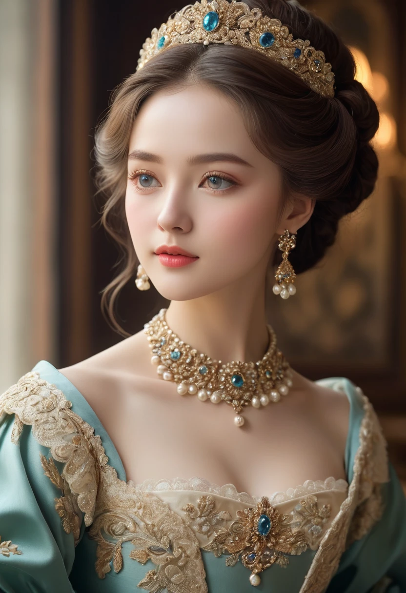 (best quality,4K,8K,high resolution,masterpiece:1.2),Extremely detailed,(Practical,photoPractical,photo-Practical:1.37),portrait,,Pastel,personalized masterpiece,18th century,Russian,noble,girl,noble Daughter,,Extremely beautiful,Face,Expressive eyes,Delicate nose,Sweet mouth,Porcelain skin,红扑扑的Face,flowing curls,Silk dress,solemn gesture,Fine Jewelry,Embroidered lace collar,Grand Background,Rich interior,Faint golden light