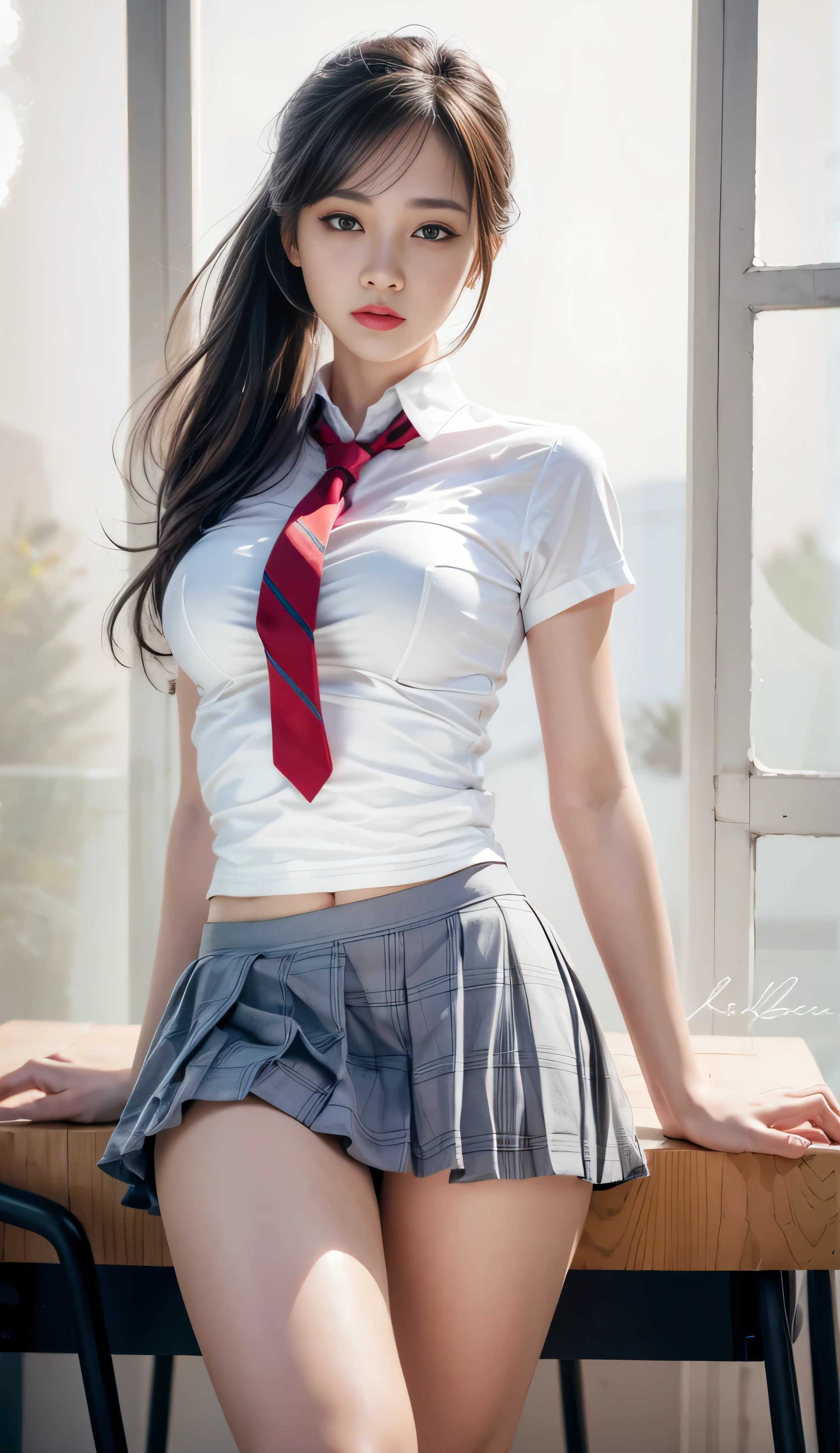 Photorealistic, high resolution, 1womanl, Solo, Hips up,view the viewer, (Detailed face), black hair,black eyes ,uniform black skirt ,detailed face super 4k