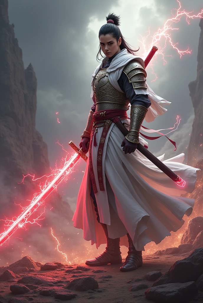 A swordsman with a red katana with lightning bolts and white iron armor