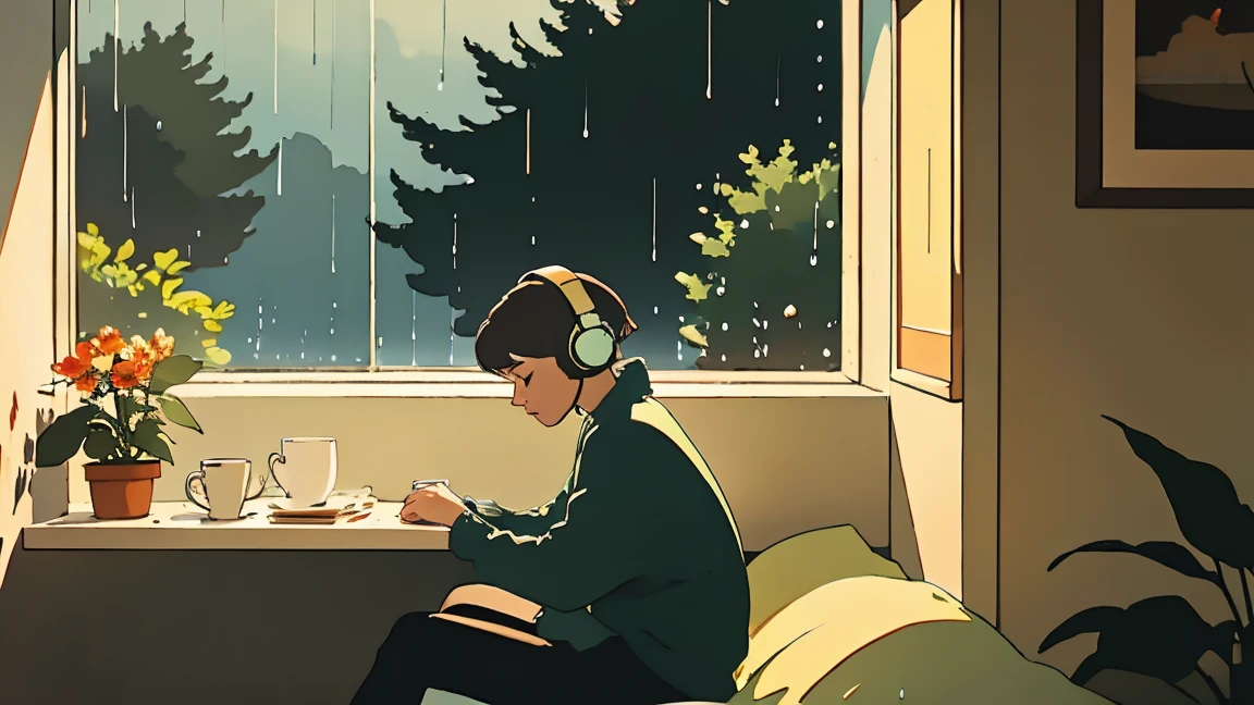 Lofi Song, Sit on the bed. Looking out the window, Drink coffee. Listening to music through headphones, Looking out the window and seeing the rain falling