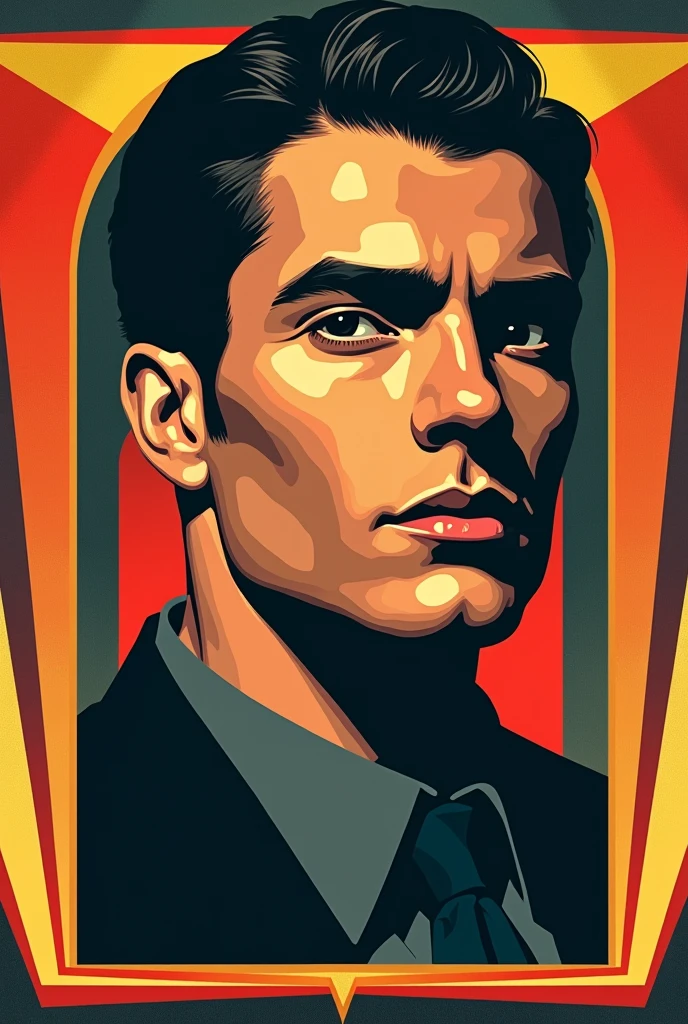 art deco male head and shoulders facing camera in color triangular pattern border