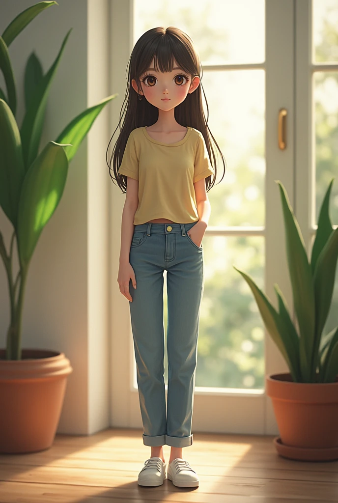 Small-breasted girl with not-so-long hair reaching more or less her chest and light brown eyes with light skin and slanted eyes of 1,48 tall, small waist, jeans and top on the chest, white shoes