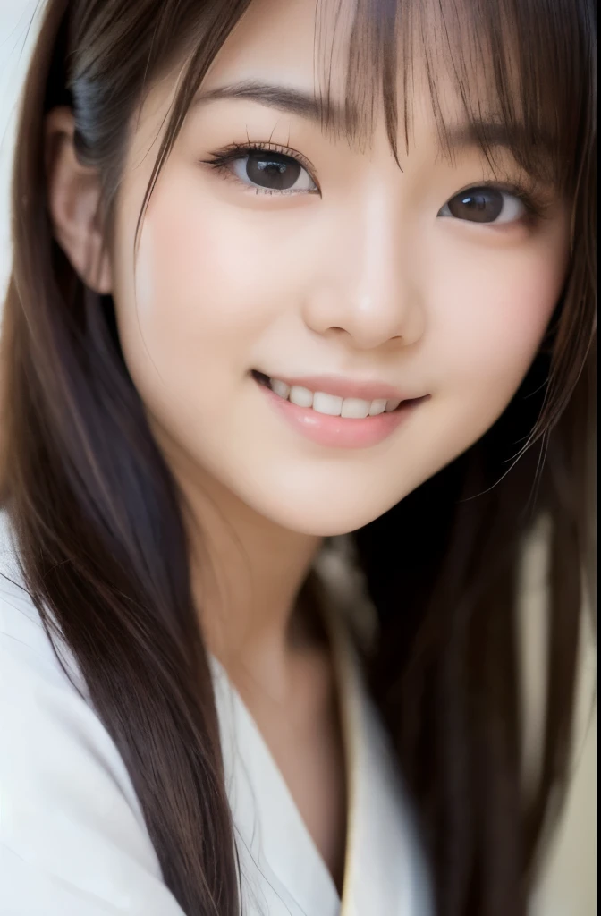 best quality, face focus, soft light, ultra high res, (photorealistic:1.4), RAW photo,(Shinozaki Ai), (fair skin), (kawaii),
1 Japanese girl, solo, cute, smile, (pupil, lights in the eyes),  detailed beautiful face, Medium-sized breasts,(high resolution detail of human skin texture),(long hair),(portrait), upper body, white traditional kimono