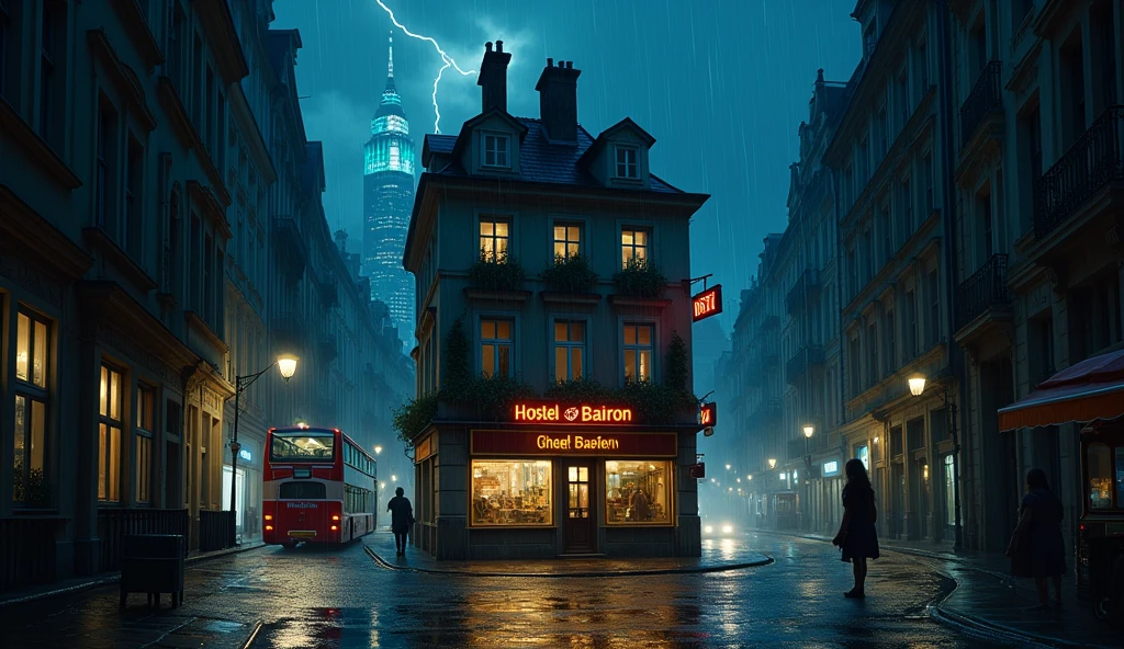 symmetrical image, old europe street, midnight, small hostel building, two floors, text says " HOSTEL BAIRON", hostel sandwitched beetween two high buildings, old london style, light rain, lightning, megapolis blurred lights on background, tourist bus driving away, girl standing close on right silloutte