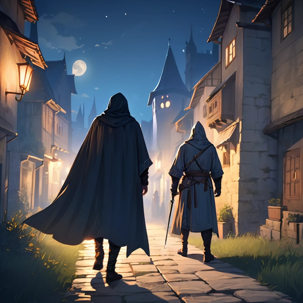 Medieval Europe，at night，An assassin in night clothes，Lurking behind a noble man。Mid-ground composition，Game illustration style。