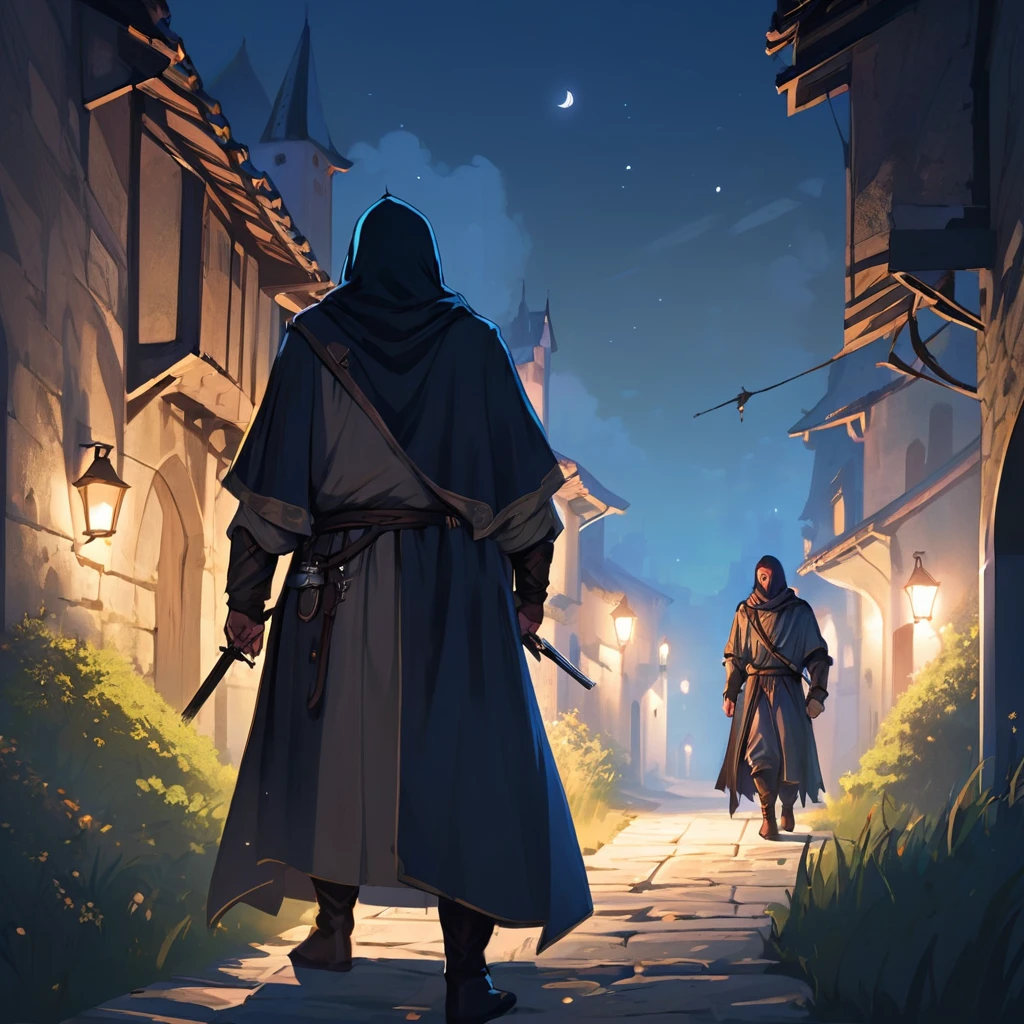 Medieval Europe，at night，An assassin in night clothes，Lurking behind a noble man。Mid-ground composition，Game illustration style。