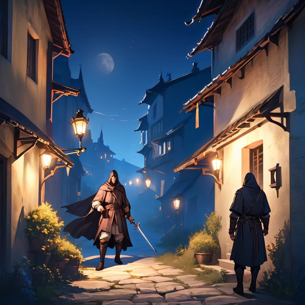 Medieval Europe，at night，An assassin in night clothes，Lurking behind a noble man。Mid-ground composition，Game illustration style。