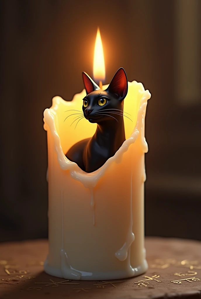a white normal candle with a black cat inside, the cat is Bastet; Egyptian goddess