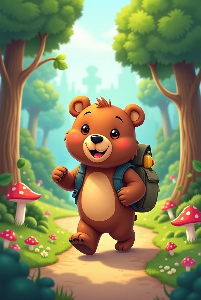 I want a picture of a happy brown bear walking away from the forest with a backpack in a cartoon style