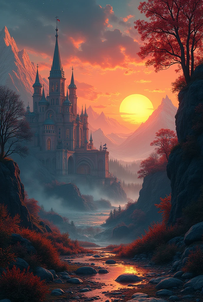 Epic dreamlike fantasy landscape, 4k HD matte digital, 8k HD Wallpaper Digital Art，Close-up of a poster，Buildings in the background, A starlit city at sunset, Ivan Bilibin (Ivan Bilibin) of inspiration, Grainy Risograph Matte, Sacred City | illustration, inspired author：Igor Grabar, slav epic, Magical Soviet town, author：Igor Grabar, 受到瓦西里·马克西莫夫of inspiration, Andrei Ryakin (Andrei Ryabushkin) of inspiration
